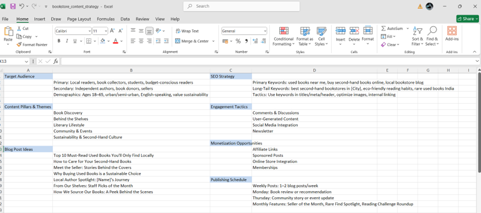 create an Excel sheet to draft and document the content strategy