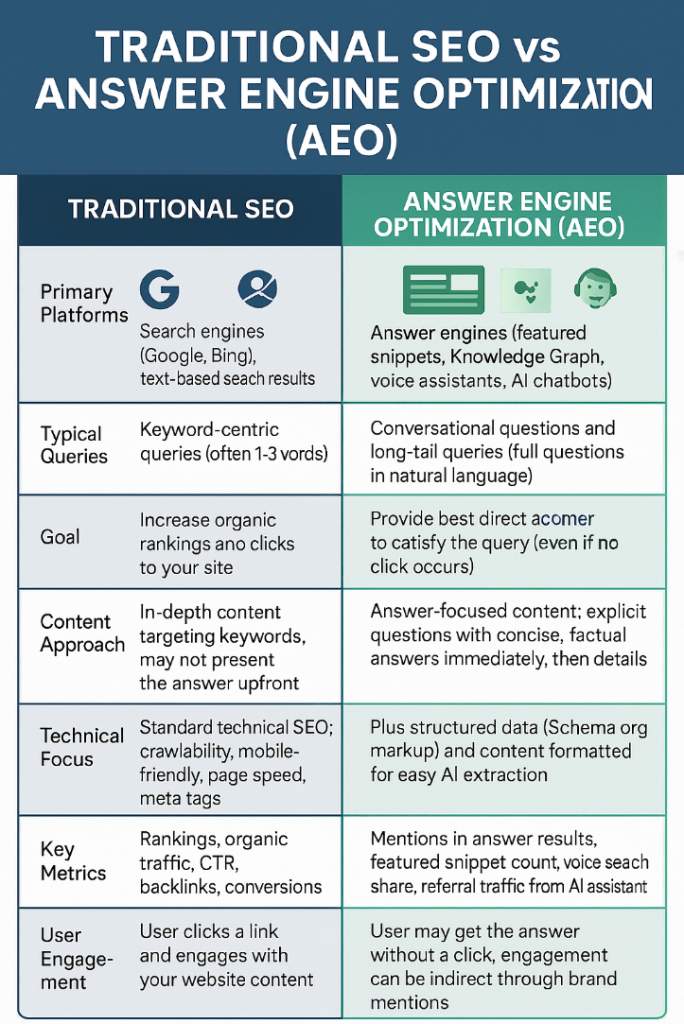 Traditional SEO vs answer engine optimization(AEO)